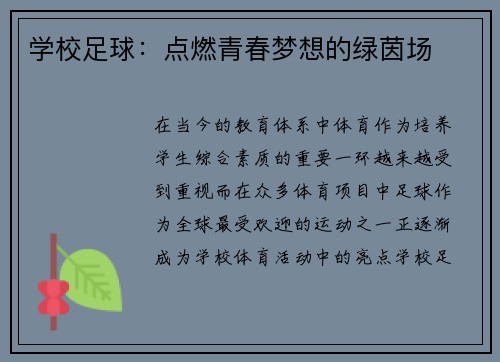 学校足球：点燃青春梦想的绿茵场