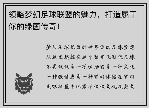 领略梦幻足球联盟的魅力，打造属于你的绿茵传奇！